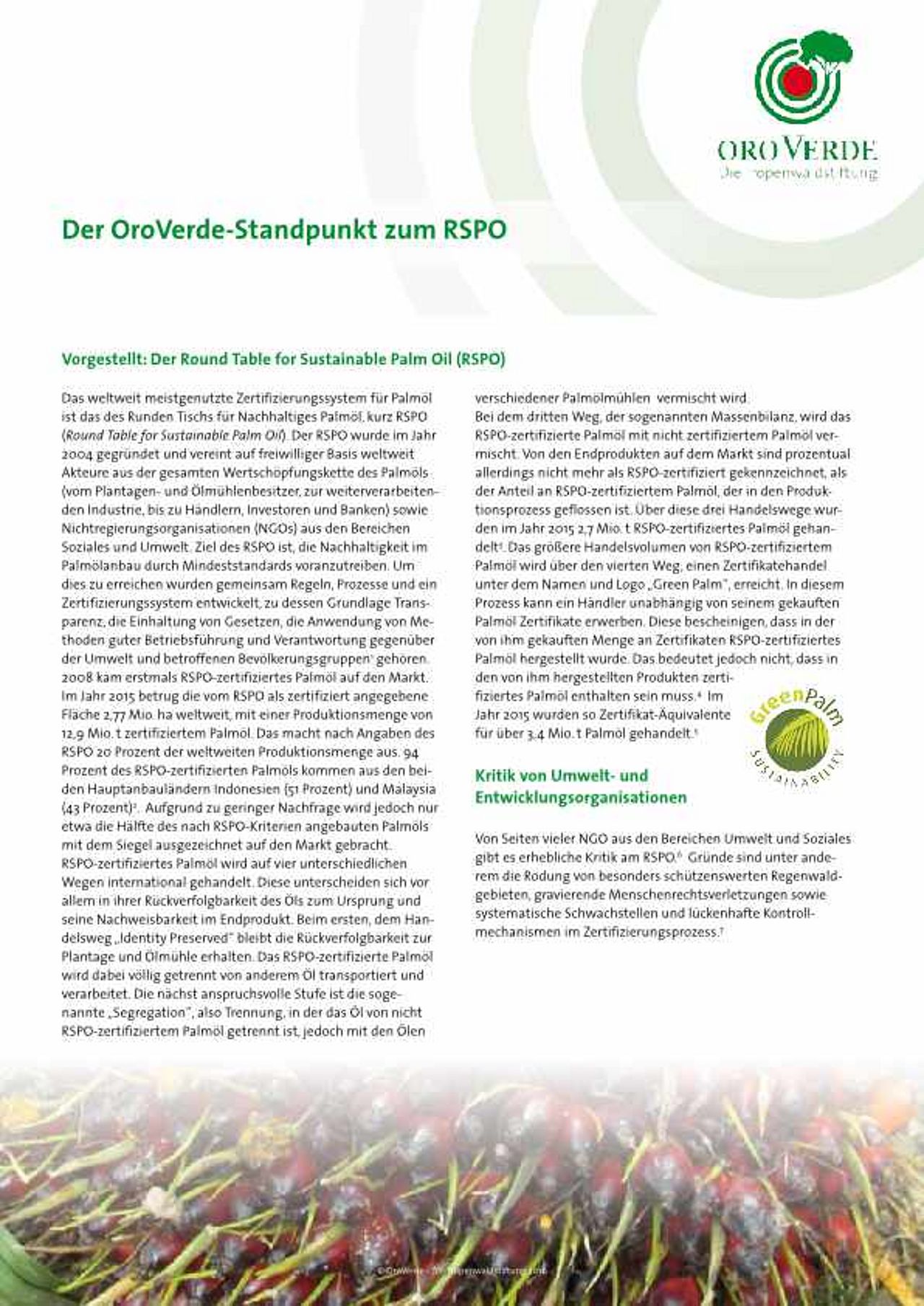 Positionspapier von OroVerde zu Round Table of Sustainable Palm Oil (RSPO).