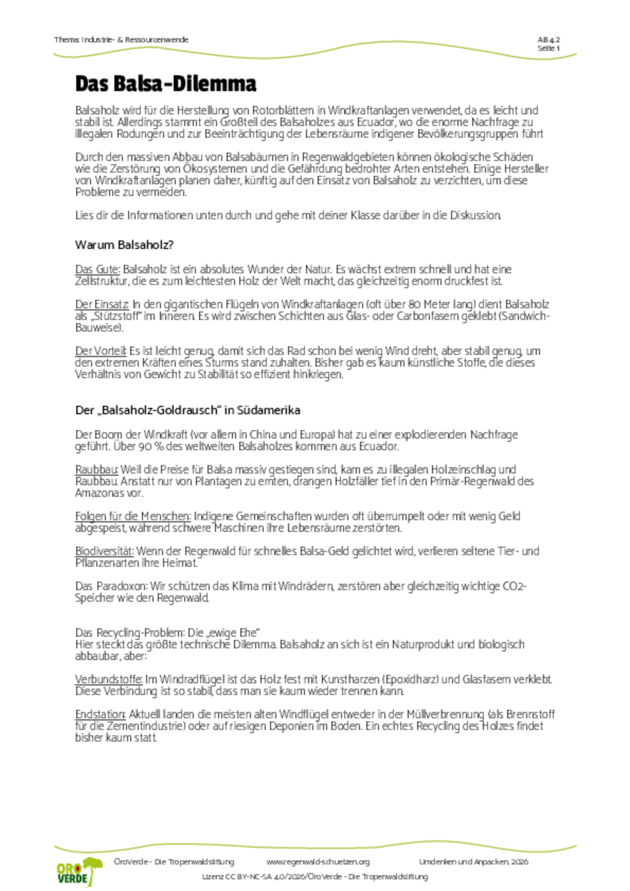 Unterrichtsmaterial Transformation: Arbeitsblatt Balsaholz Dilemma für Berufsschulen