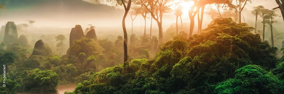 Sonnenaufgang im vernebelten Regenwald