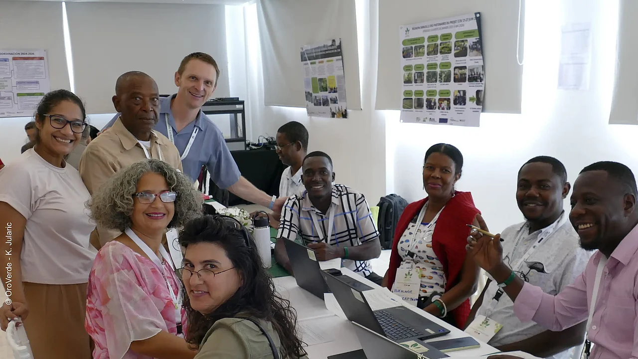 Projektpartner aus Haiti, Kuba, der Dominikanischen Republik und Deutschland arbeiten während des KlimaWald-Jahrestreffens 2026 gemeinsam an einem Tisch an den nächsten Schritten für das Projekt.