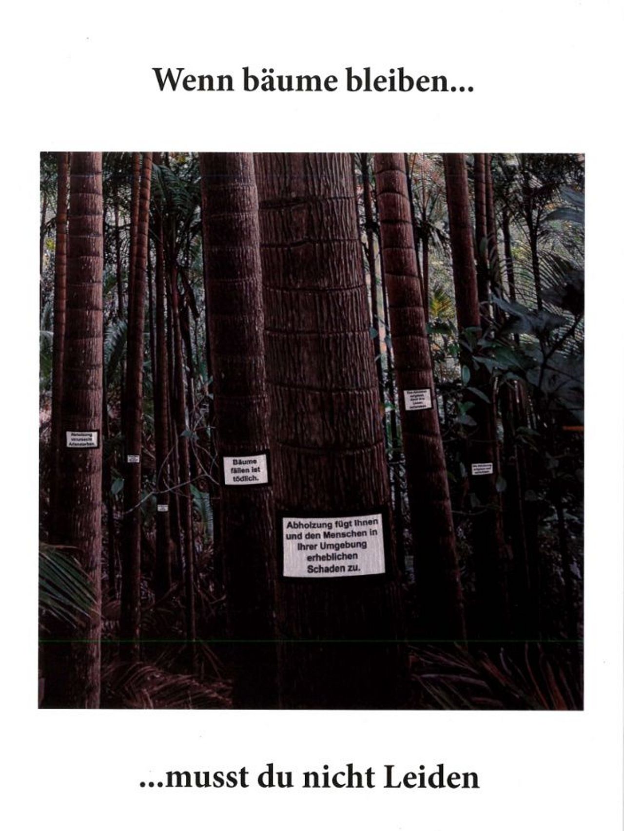 "Wenn Bäume bleiben musst du nicht Leiden" von Alber S. von der Mathilde Escher Stiftung in Zürich.
