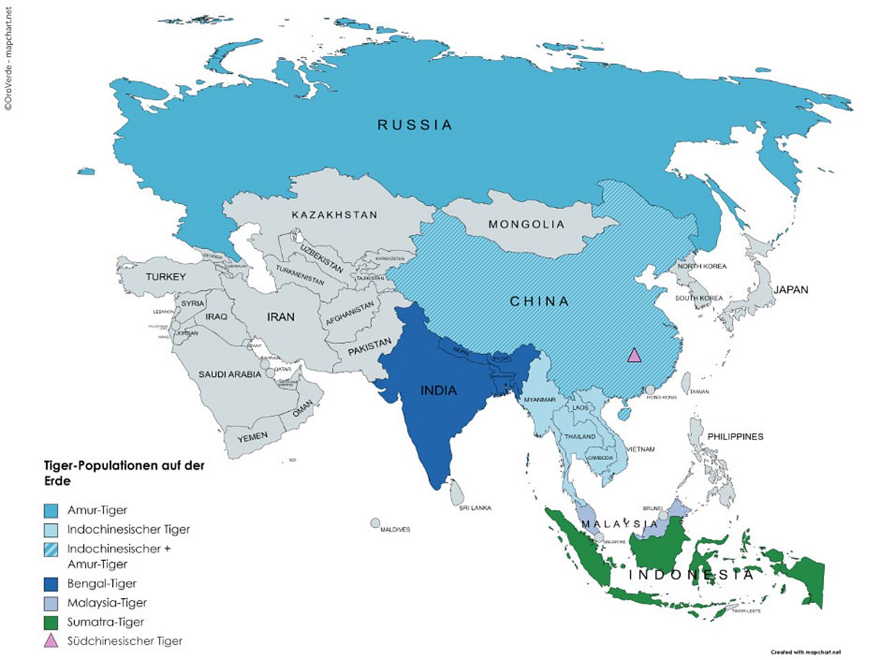 Karte zur neuen Einteilung der Tiger in zwei Unterarten. Die Verbreitung der verschiedenen Tiger-Populationen ©mapchart - OroVerde