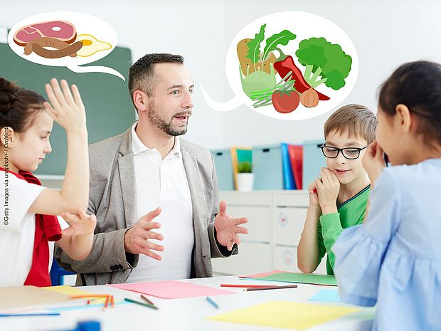 Lehrer sitztan einem Tisch zwischen Schulkindern und stellt die Frage Gemüse oder Fleisch