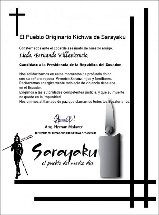 Der Mord an Präsidentschaftskandidat Villavicencio schockt Ecuador, auch Sarayaku verurteilte die Tat scharf ©Sarayaku / Facebook