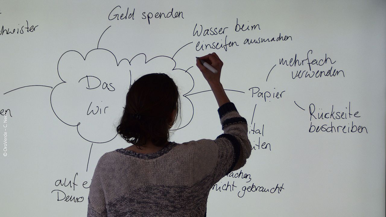 Am Whiteboard wird zu Nachhaltigkeit gebrainstormed. ©OroVerde - C. Neeb