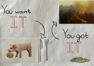 Ein Ferkel mit Gabel und Messer und zerstörter Regenwald mit der Aufschrift "You Want it, you got it"