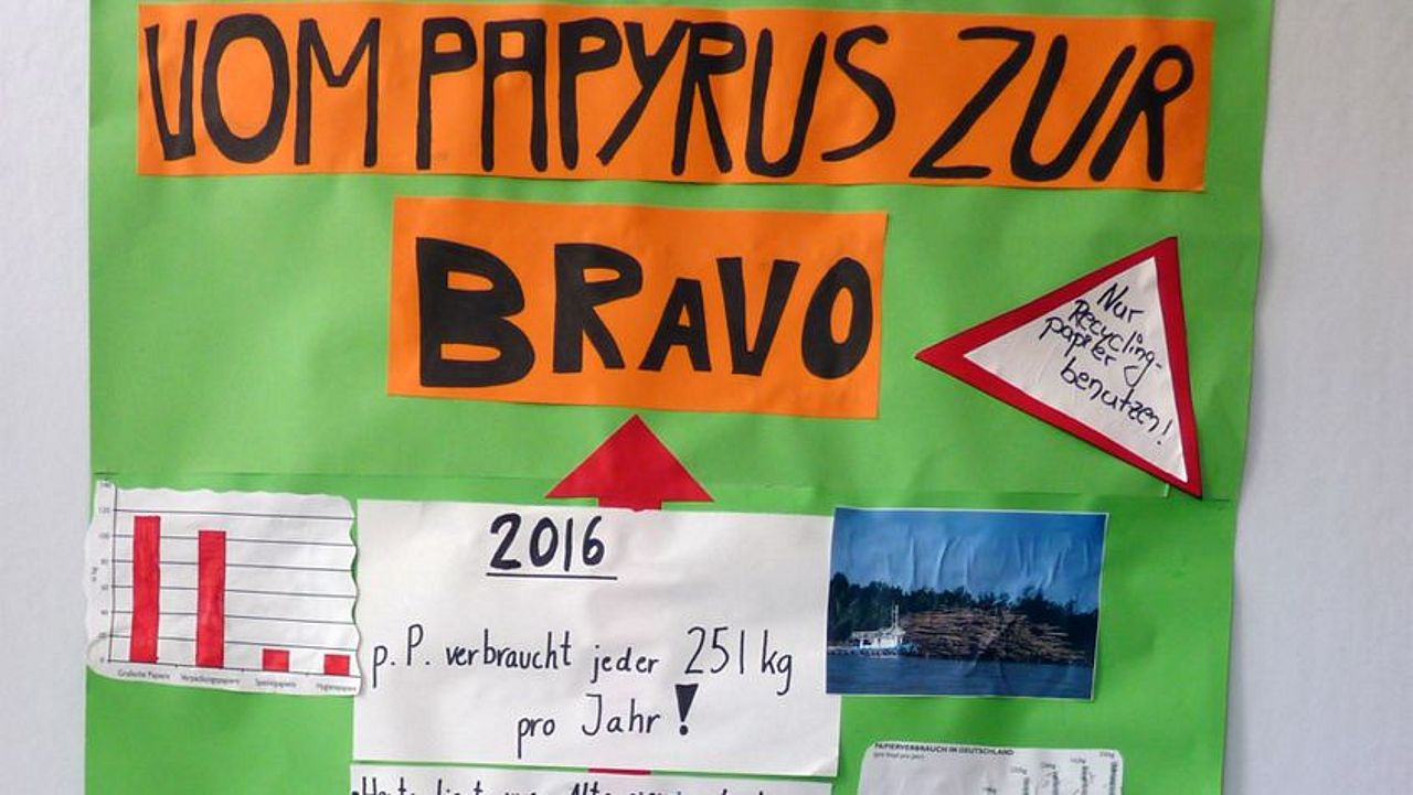 Ansicht eines Plakats mit der Überschrift "Vom Papyrus zur Bravo" ©OroVerde