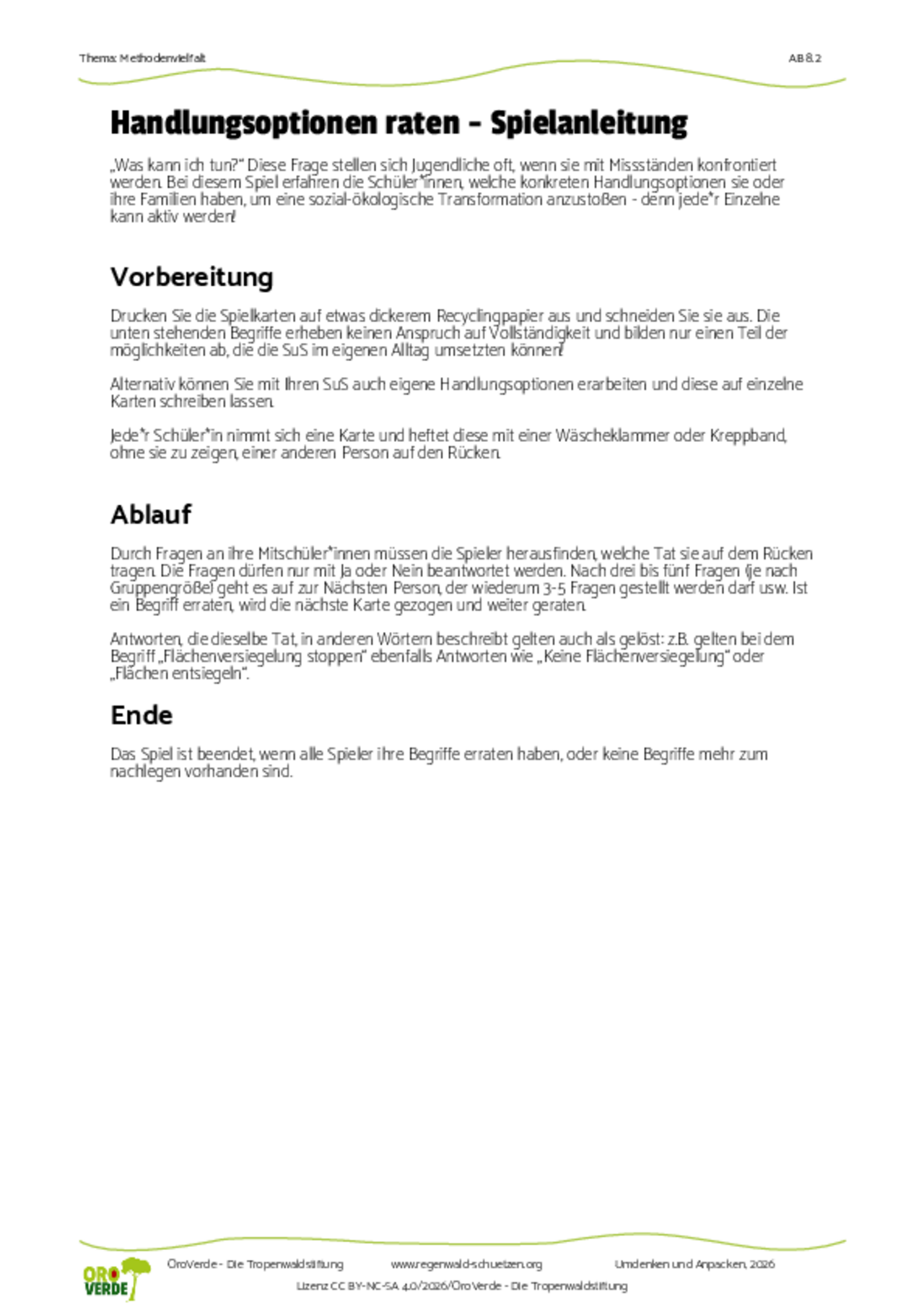 Unterrichtsmaterial Transformation: Spielmaterial Handlungsoptionen für Berufsschulen