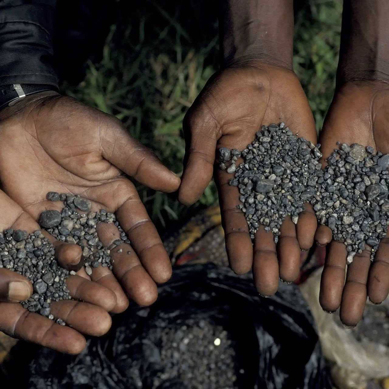 Handinnenflächen, die Brocken von Coltan halten