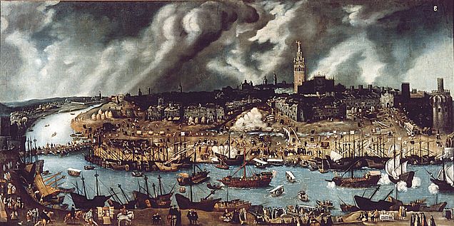 Gemälde: Die erste offizielle Schiffsladung Kakao gelangte im Jahre 1585 von Mexiko nach Sevilla in Spanien. Quelle: Wikimedia