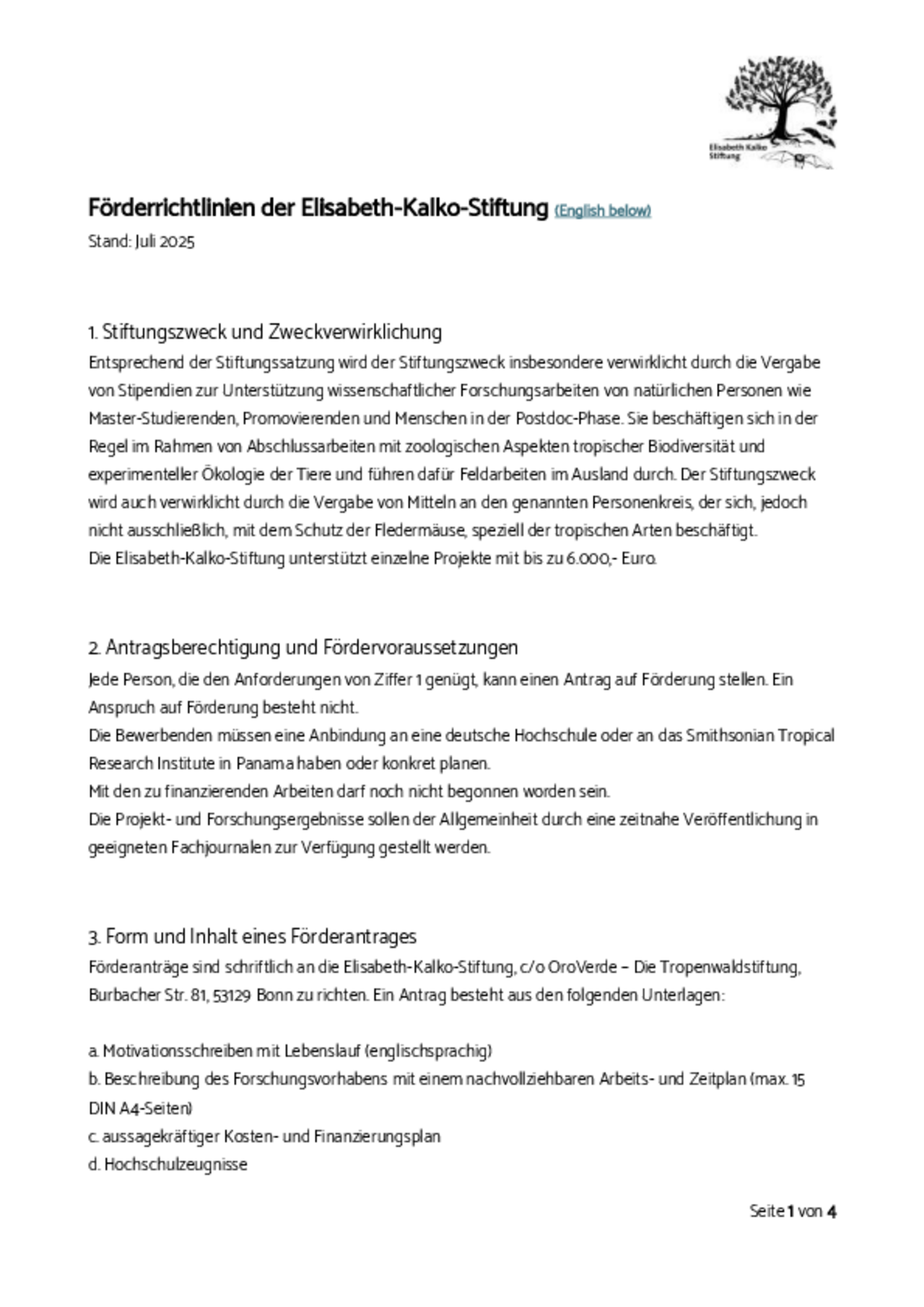 Förderrichtlinien Elisabeth-Kalko-Stiftung