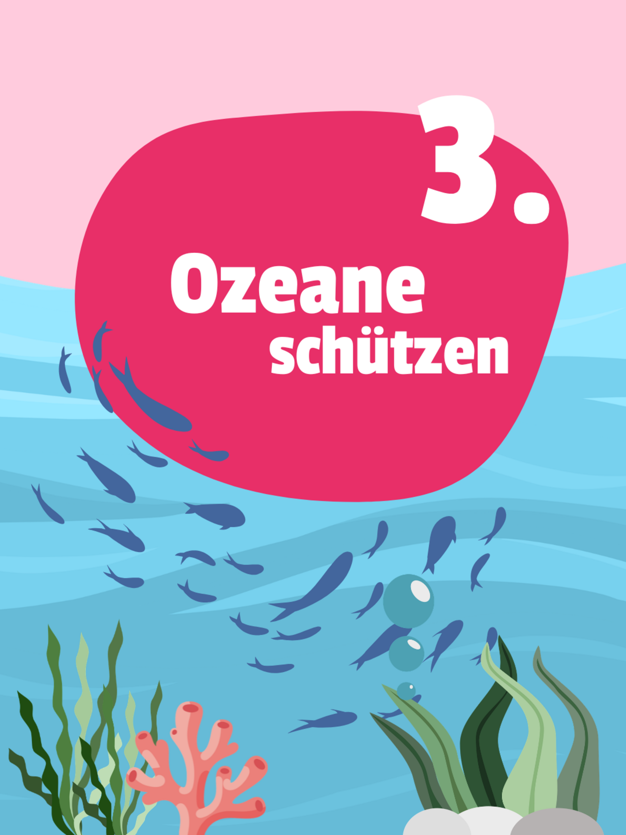 Das Sharepic zeigt einen Einblick ins Meer, dort schwimm ein Strom Fische. Unten links und rechts ist eine Alge und Koralle. Auf einer pinken Bubble steht: 3. Ozeane schützen.
