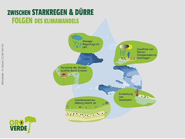 Grafik zu Folgen des Klimawandels in der Karibik: Weniger Regentage, Zunahme von Dürren/Starkregen, Schlechtere Wasserqualität, Rückgang Grundwasserneubildung und Erwärmung von Gewässern ©OroVerde - N. Gawol