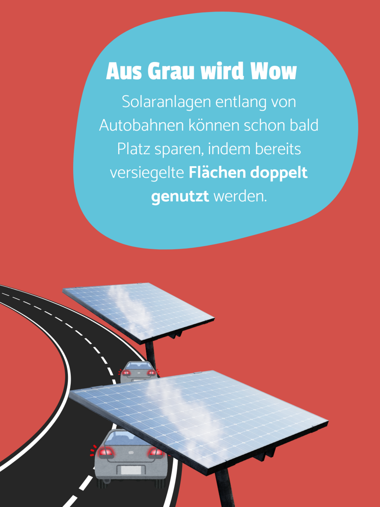 Das Sharepic zeigt unten links im Bild eine Straße, die von zwei Autos befahren wird. Entlang der Fahrbahn stehen zwei große Solarpanele. Auf einer blauen Bubble steht: Solaranlagen entlang von Autobahnen können schon bald Platz sparen, indem bereits versiegelte Flächen doppelt genutzt werden.