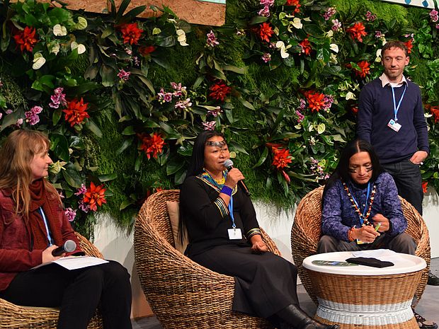 Dr. Elke Mannigel (l.) und Martin Baumann (r.) mit Gästen aus Sarayaku bei einem Side Event zur Klimakonferenz 23 in Bonn.