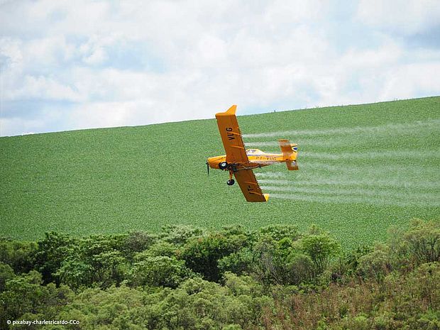 Pestizideinsatz auf Sojafeldern in Südamerika belastet die Menschen und die Umwelt.