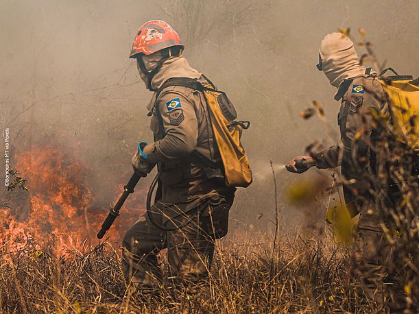 Zwei Personen der staatlichen Feuerwehr und Rettungsorganisation des brasilianischen Bundesstaates Mato Grosso löschen einen Brand im Pantanal.