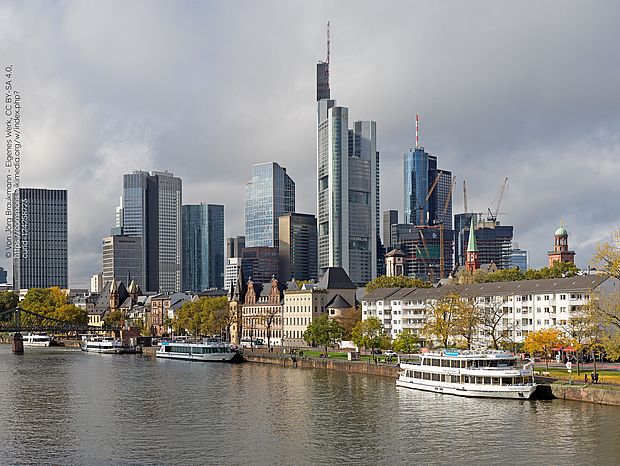 Blick von der Alten Brücke auf das Hochhausviertel in Frankfurt am Main