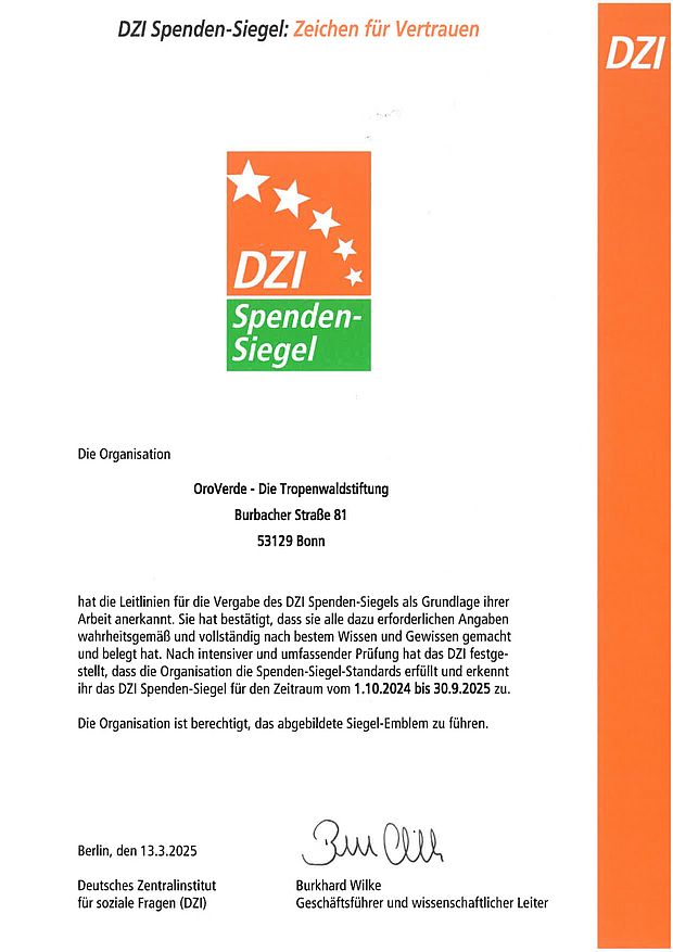 rkunde zum DZI-Spendensiegel, die bestätigt, dass OroVerde das DZI-Spendensiegel trägt