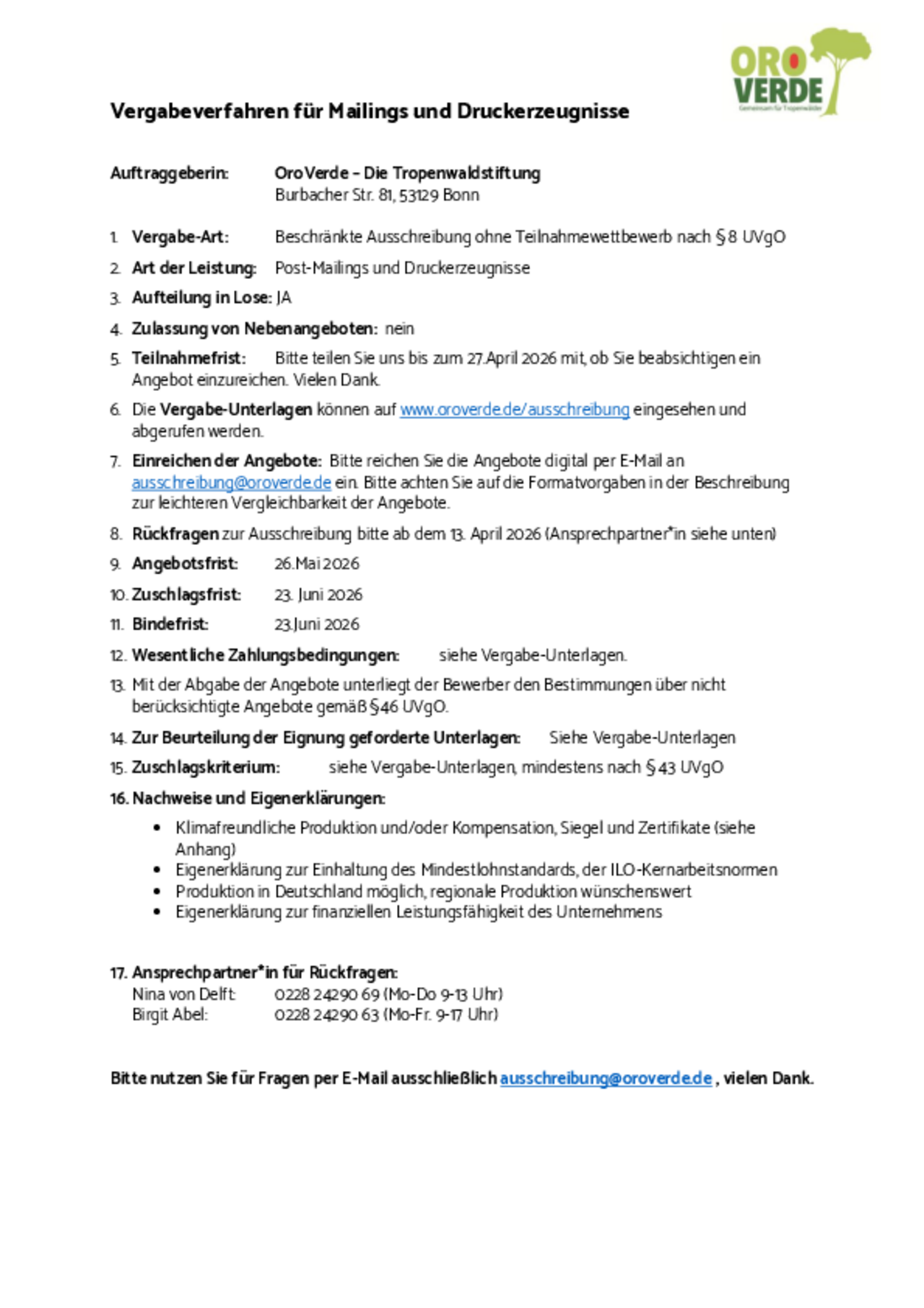 OroVerde sucht neue Hausdruckerei