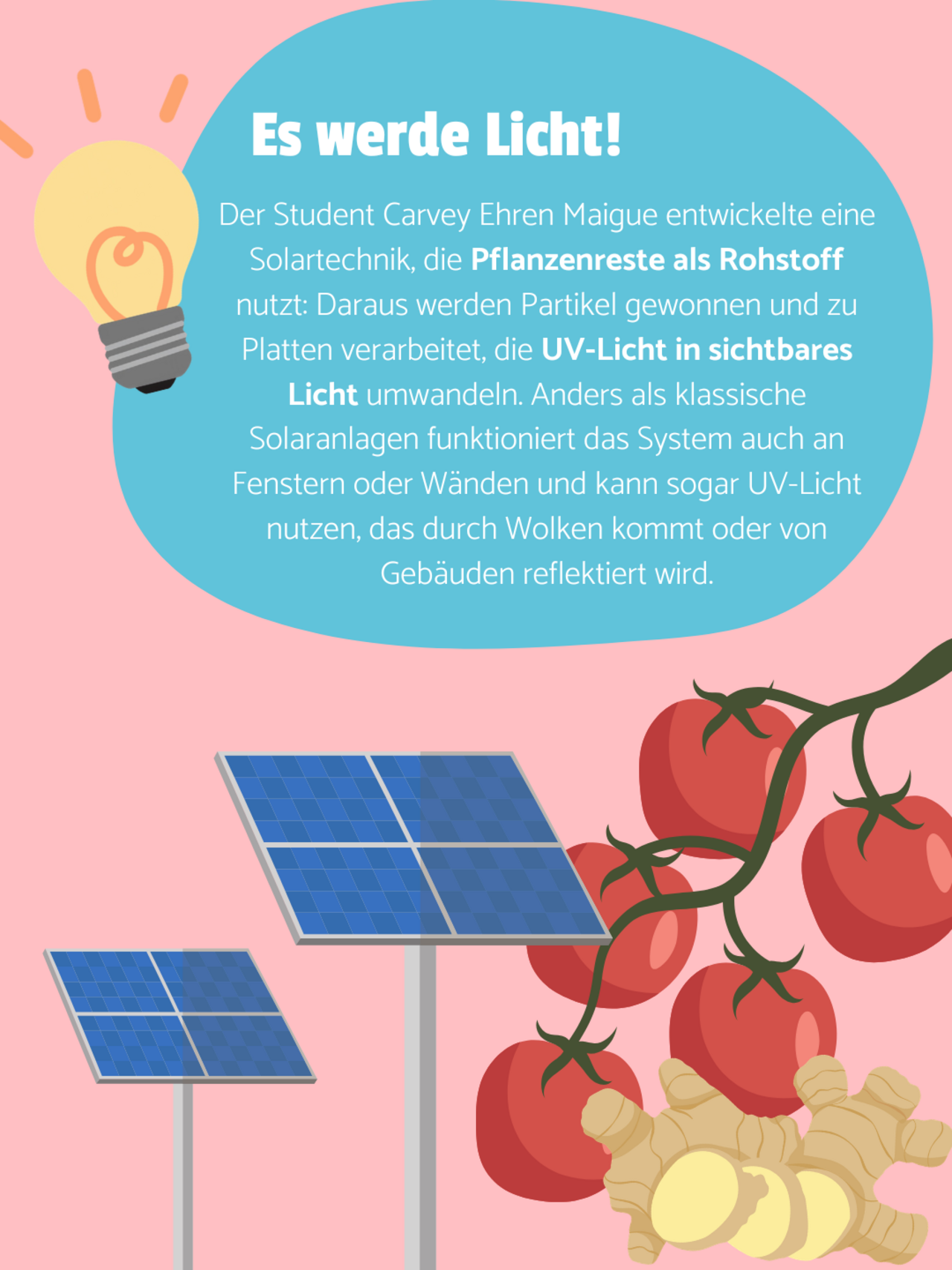 Das Sharepic zeigt in der unteren Hälfte zwei Solarpanele auf einer Metallstange und eine Tomatenranke sowie Ingwerwurzel. Vor einer blauen Bubble leuchtet eine Glühbirne und der Text sagt: Der Student Carvey Ehren Maigue entwickelte eine Solartechnik, die Pflanzenreste als Rohstoff nutzt: Daraus werden Partikel gewonnen und zu Platten verarbeitet, die UV-Licht in sichtbares Licht umwandeln. Anders als klassische Solaranlagen funktioniert das System auch an Fenstern oder Wänden und kann sogar UV-Licht nutzen, das durch Wolken kommt oder von Gebäuden reflektiert wird.