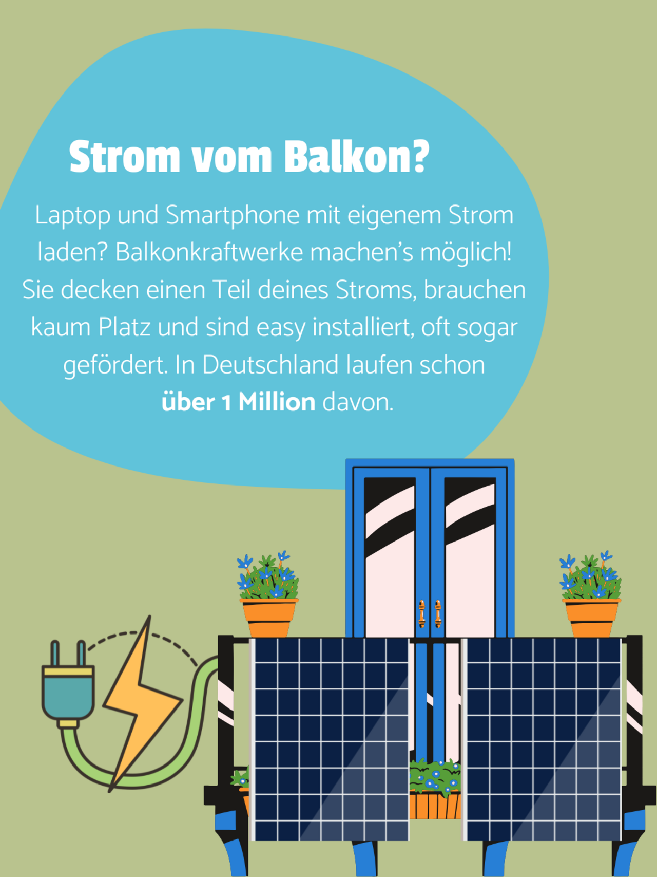 Das Sharepic zeigt einen Balkon, wo zwei Solarpanele befestigt sind. Auf einer blauen Bubble steht: Laptop und Smartphone mit eigenem Strom laden? Balkonkraftwerke machen’s möglich! Sie decken einen Teil deines Stroms, brauchen kaum Platz und sind easy installiert, oft sogar gefördert. In Deutschland laufen schon über 1 Million davon.