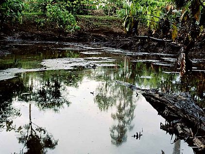 Plastik und der Regenwald: Verschmutzte Gewässer nach Erdöl-Austritt © Katharina Mouratidi