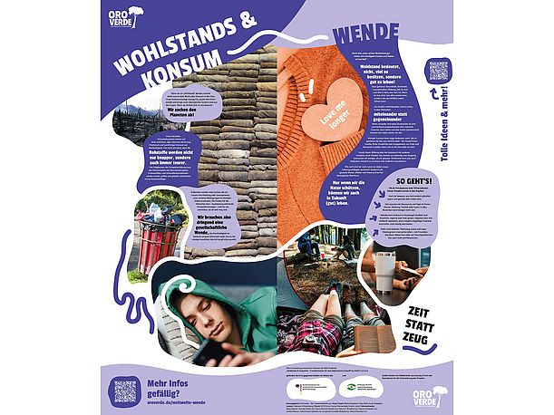 Zwei violette Banner zum Thema Wohlstands- und Konsumwende