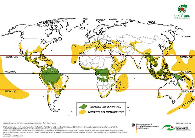 die 36 Biodiversitäts-Hotspots nach "Conservation INternational 2016 und ihre Lage bezüglich Regenwäldern
