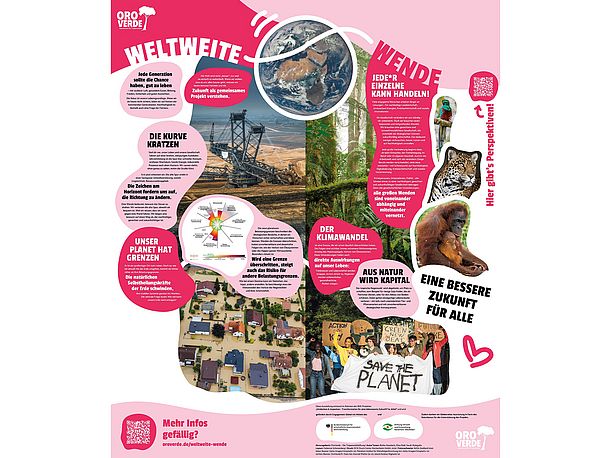 Zwei Banner in den Farben pink und rosa der Ausstellung zum Thema Weltweite Wende