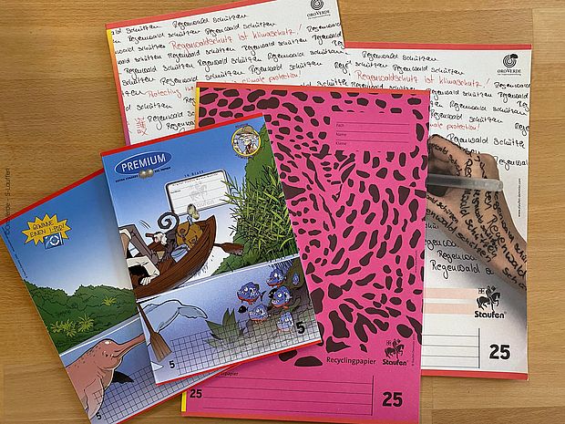 Schulhefte von Staufen tragen Werbung für OroVerde und erhöhen den Bekanntheitsgrad der Stiftung enorm. 