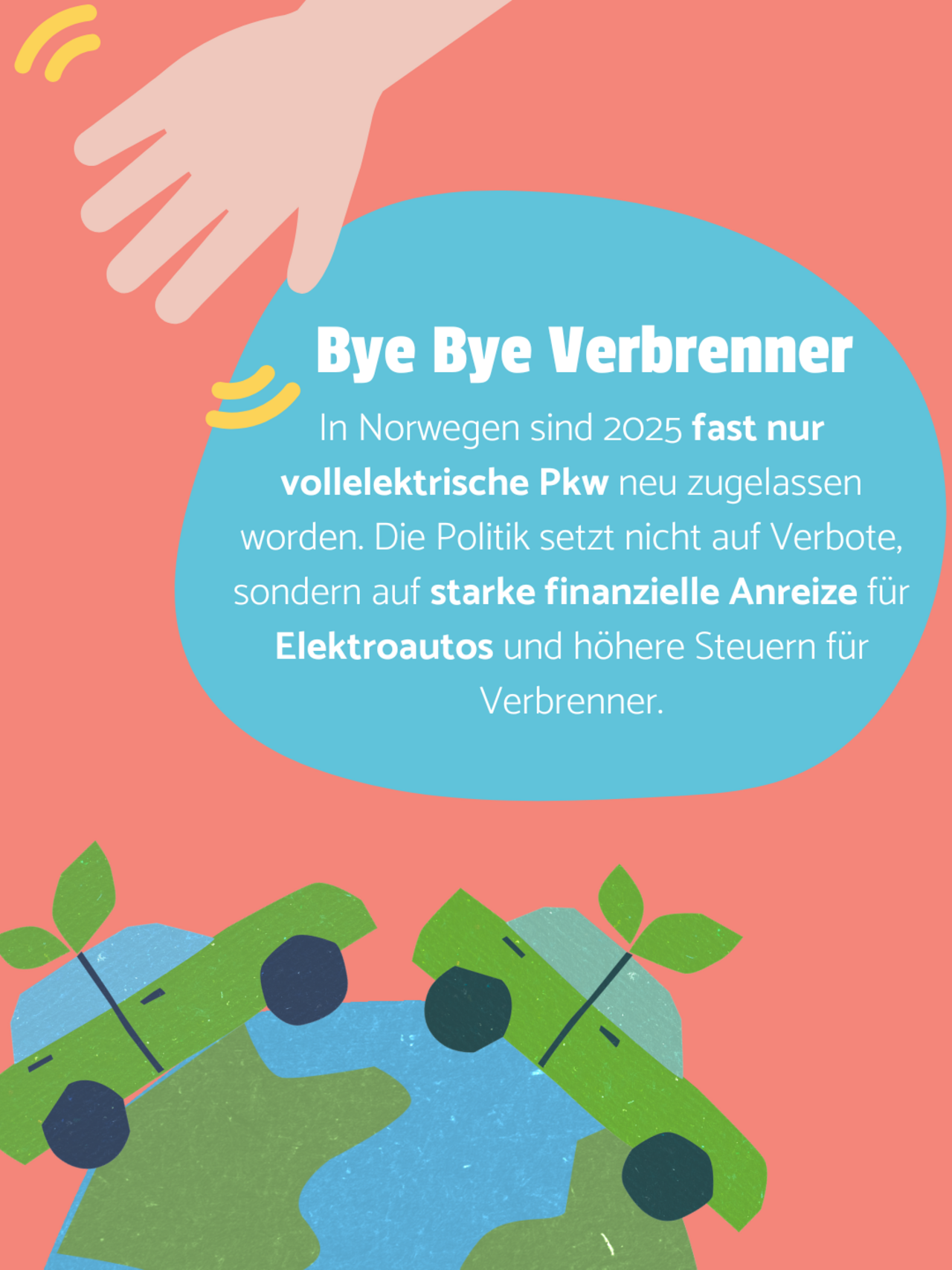 Das Sharepic zeigt eine halbe Weltkugel am unteren Bildrand auf welcher zwei grüne Autos fahren, die Blätter auf dem Dach haben. Am oberen Bildrand winkt ein Arm und auf einer blauen Bubble steht geschrieben: In Norwegen sind 2025 fast nur vollelektrische Pkw neu zugelassen worden. Die Politik setzt nicht auf Verbote, sondern auf starke finanzielle Anreize für Elektroautos und höhere Steuern für Verbrenner.