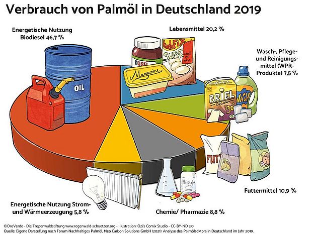 Darstellung der Palmölprodukte und des Palmölverbrauchs in Deutschland 2019.  ©OroVerde nach Forum Nachhaltiges Palmöl, Meo Carbon Solutions (2021) / Illustration: Özi's Comix Studio 