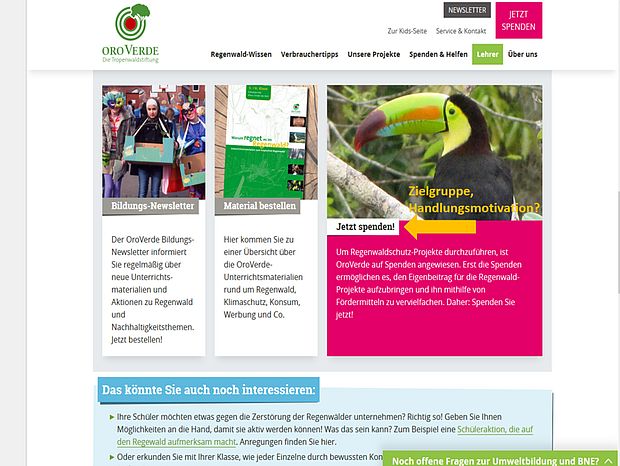 Design der Startseite Homepage OroVerde seit 2018.