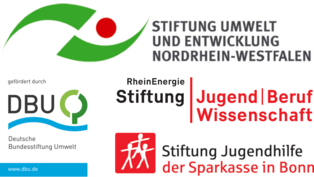 Logos der Förderer DBU, SUE, Rhein-Energie Stiftung und die Stiftung Jugendhilfe der Sparkasse Bonn