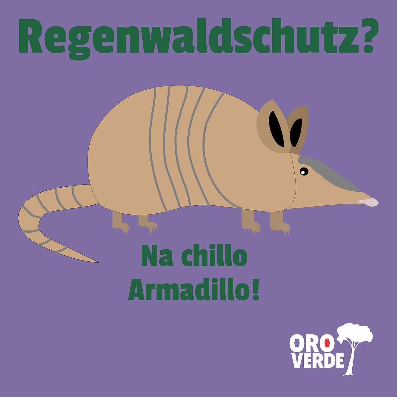 Illustration eines Armadillos mit der Schrift: Regenwaldschutz? Na chillo Armadillo! 