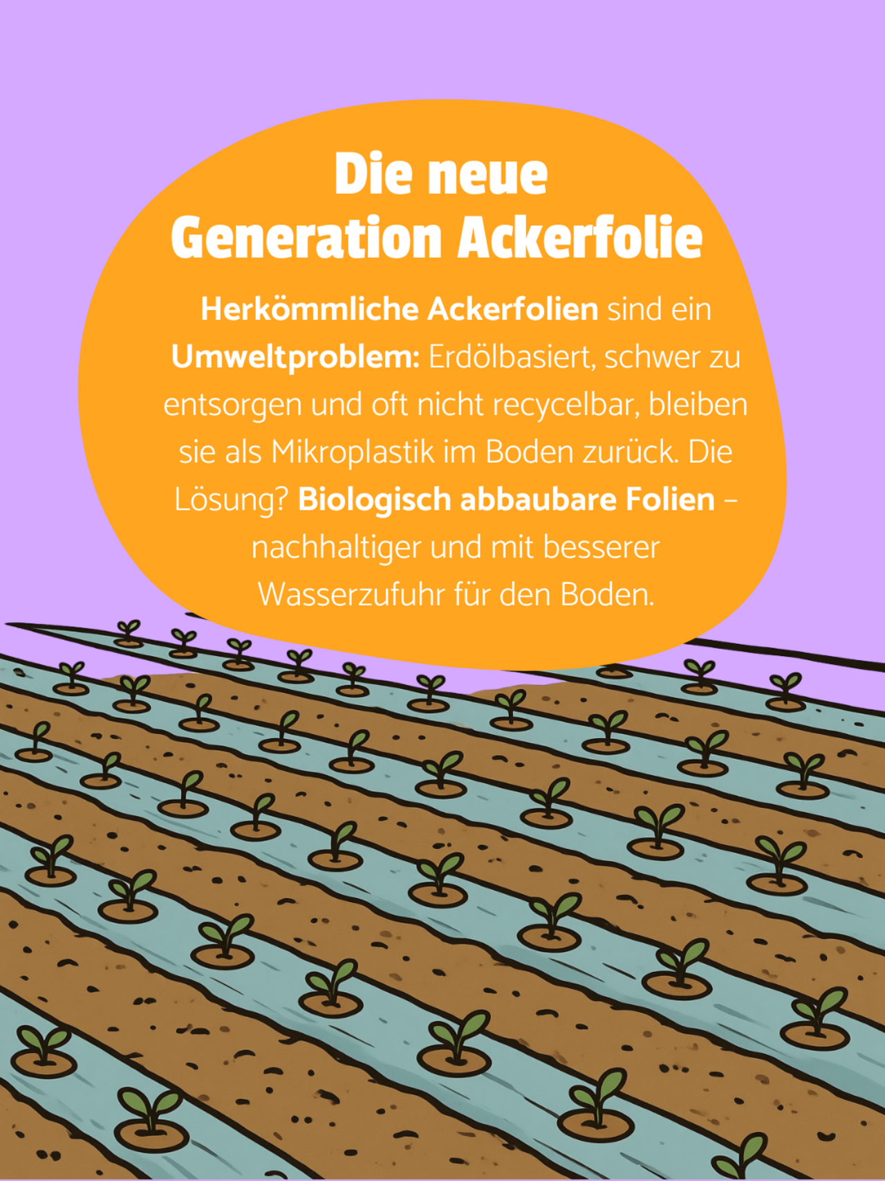 Ein Acker mit kleinen Setzlinge vor hellviolettem Hintergrund. In einer orangenen Blase steht: Die neue Generation Ackerfolie - Herkömmliche Ackerfolien sind ein Umweltproblem: Erdölbasiert, schwer zu entsorgen und oft nicht recycelbar, bleiben sie als Mikroplastik im Boden zurück. Die Lösung? Biologisch abbaubare Folien – nachhaltiger und mit besserer Wasserzufuhr für den Boden.