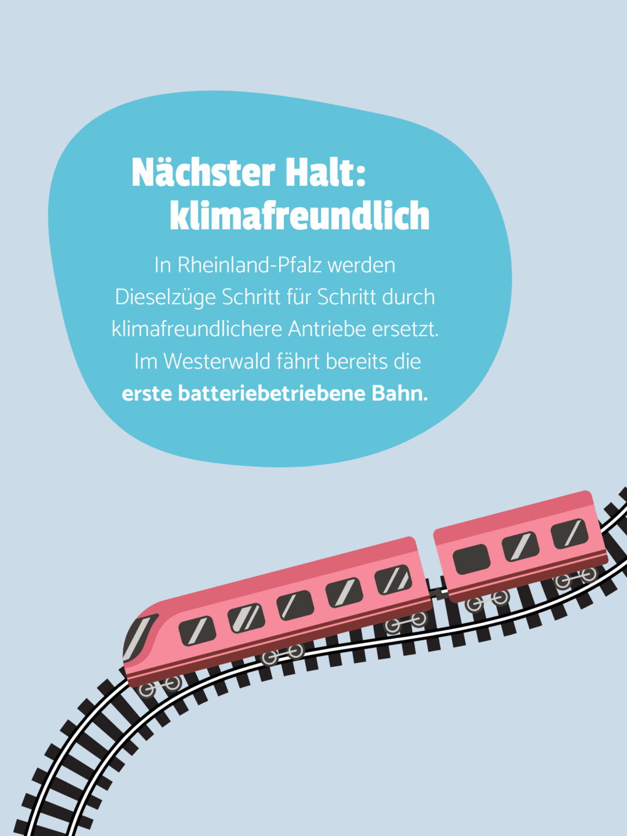 Das Sharepic zeigt einen roten Zug der auf Bahngleisen fährt. Auf einer blauen Bubble steht: In Rheinland-Pfalz werden Dieselzüge Schritt für Schritt durch klimafreundlichere Antriebe ersetzt. Im Westerwald fährt bereits die erste batteriebetriebene Bahn.