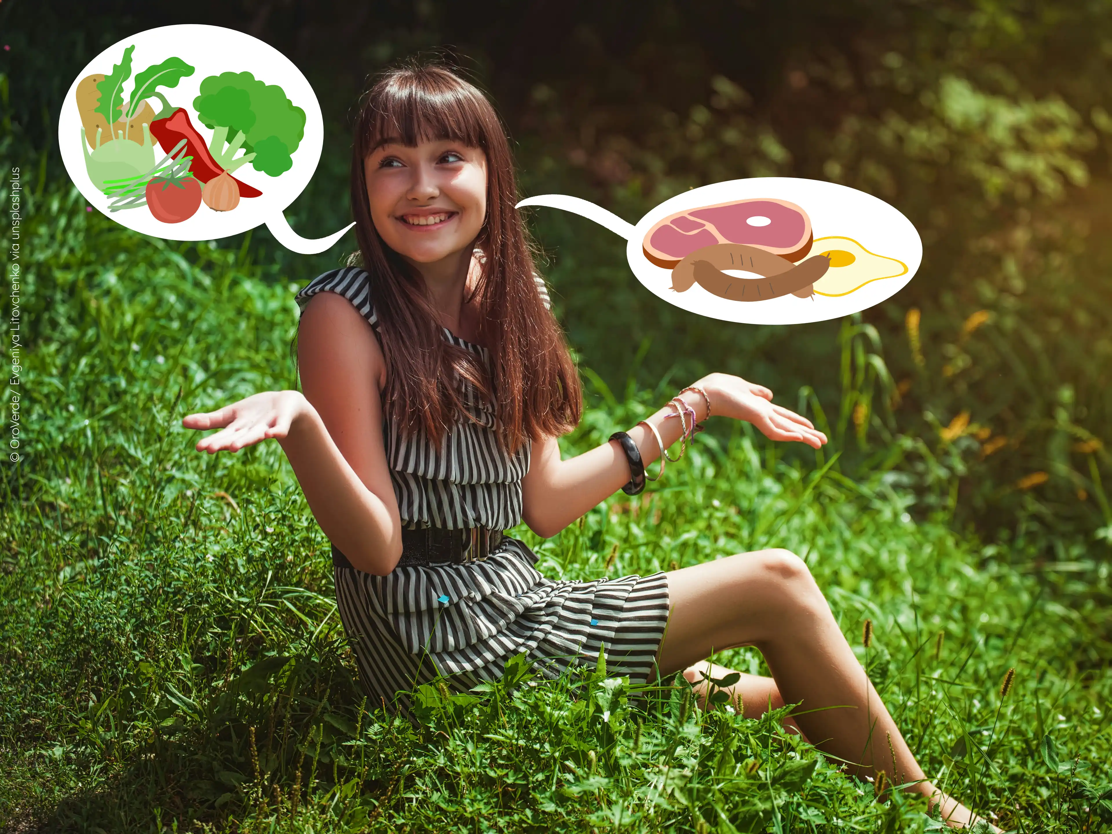 Jugendliche überlegt, ob Sie Fleisch oder Gemüse essen soll