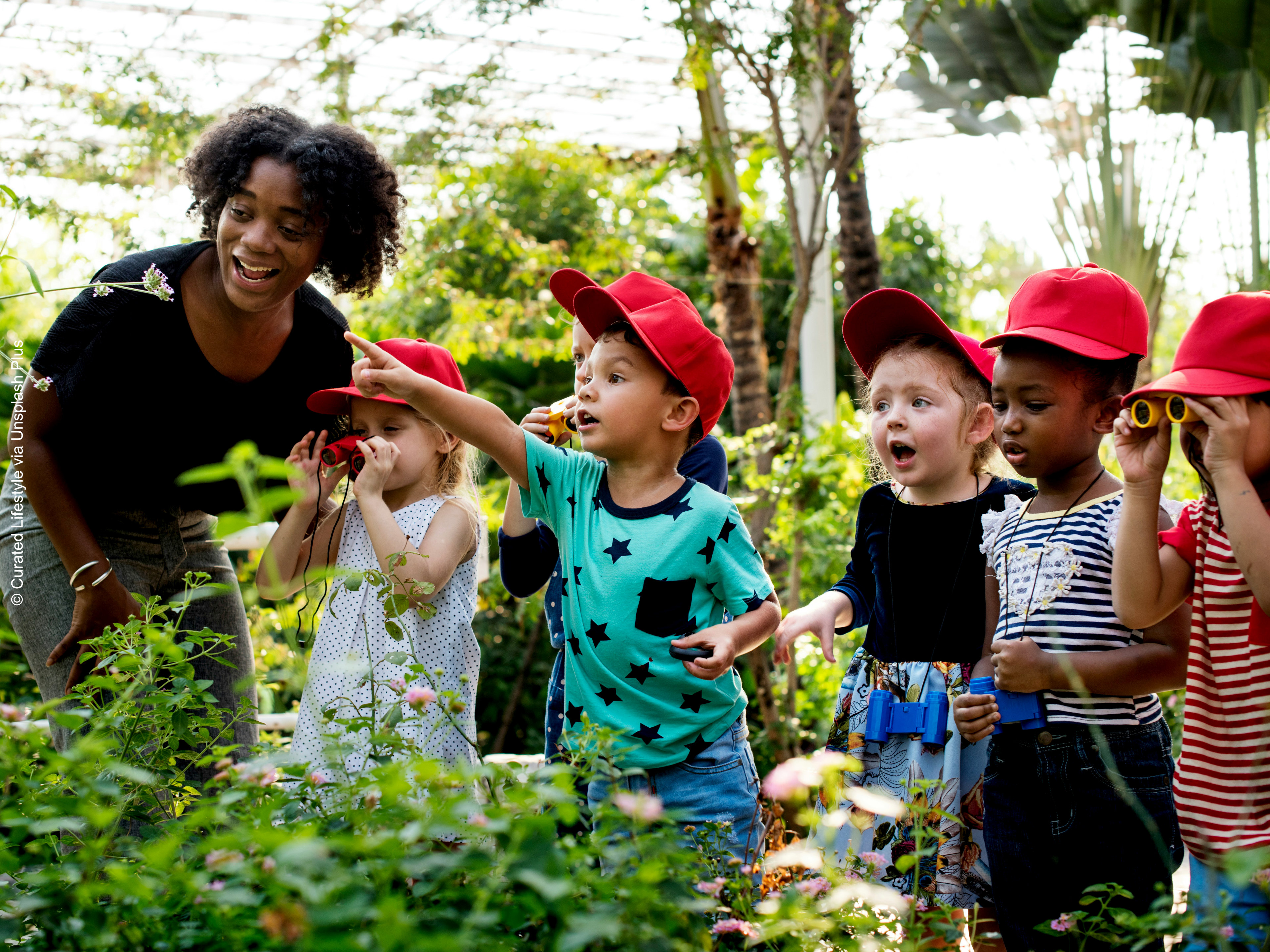 Eine Gruppe Kinder und ihre Lehrkraft stehen in einem großen Gewächshaus. Ein Kind zeigt aufgeregt in die Ferne. Zwei Kinder schauen durch Ferngläser in dieselbe Richtung.